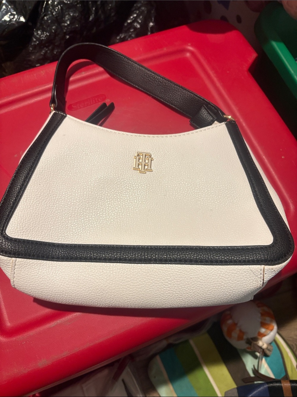 Tommy Hilfiger White and Black Leather Top-Handle Shoulder Bag